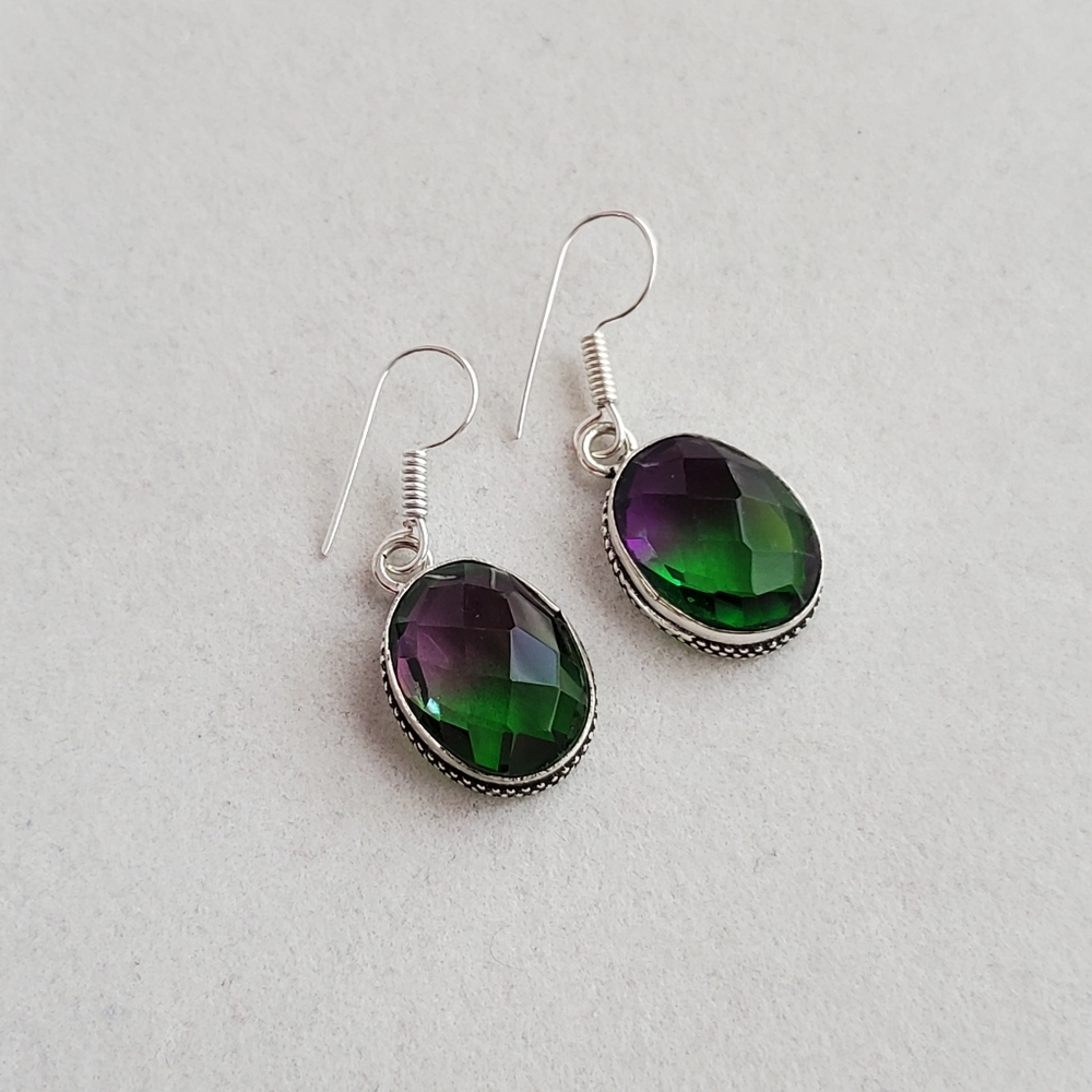 925 Sterling Bi-Color Purple Green Fluorite Earrings NWOT Artisan - Picture 10 of 14
